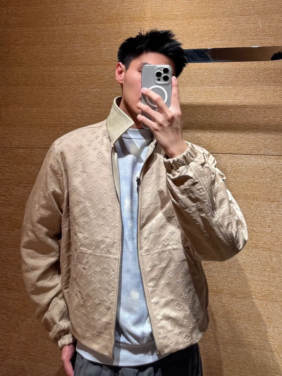 Louis Vuitton/Louis Vuitton checkerboard leather collar double-sided belted jacket